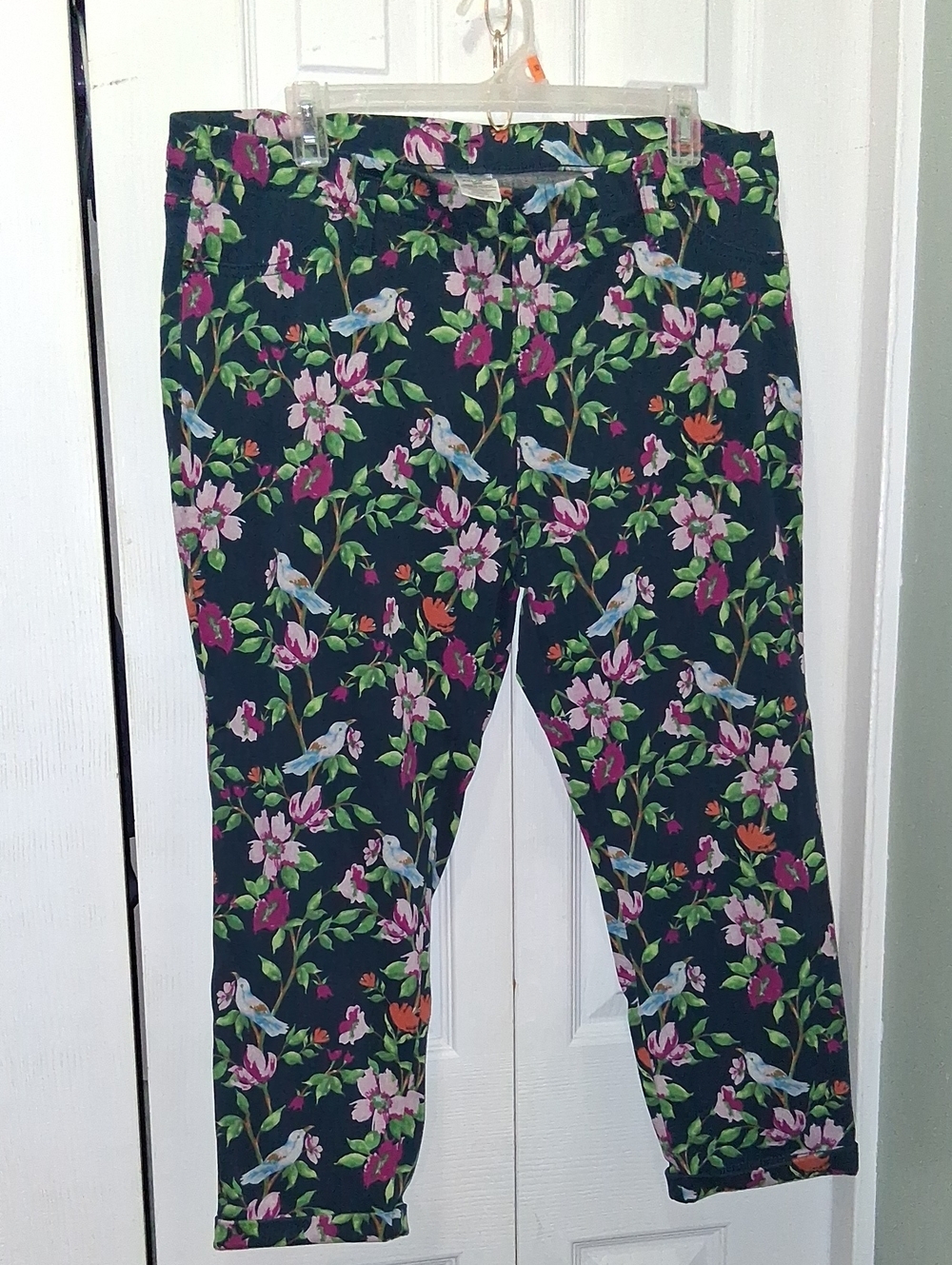 Time and Tru Navy Floral Print Capris with Pink & Green Accents